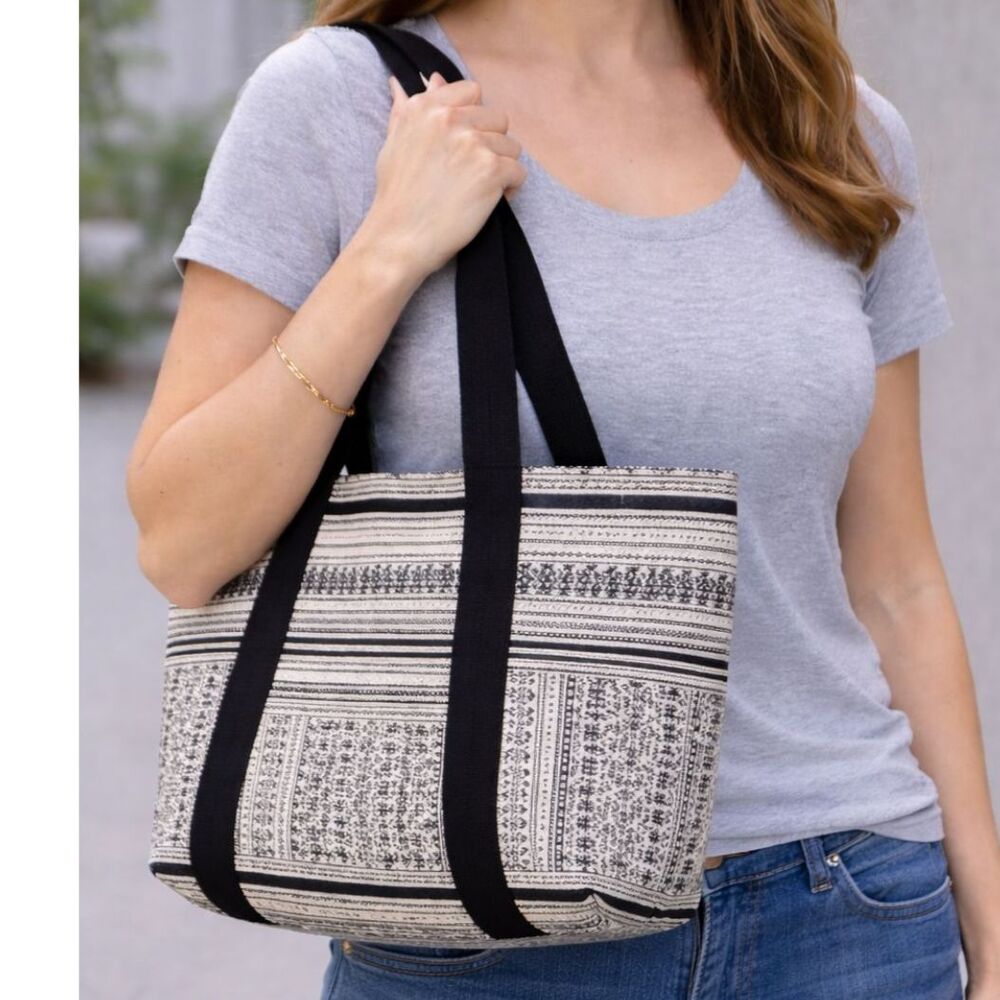 Black White Tribal Print Tote Bag Large Boho Geometric Canvas Shoulder Purse